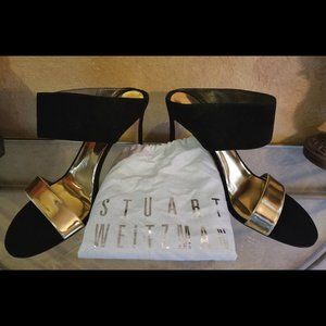 Stuart Weitzman Black & Gold Myslide Sandals Sz 9